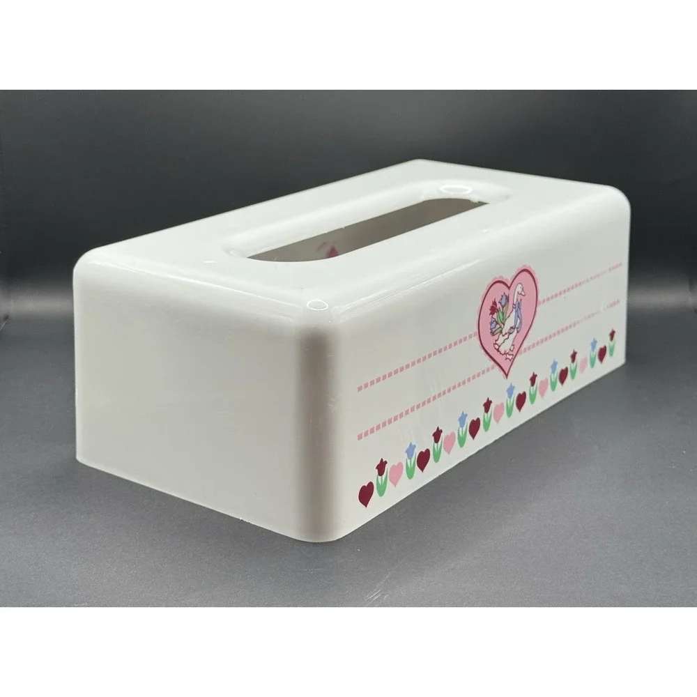 Vintage Goose Tissue Box Cover Pink Hearts Tulips Country Cottagecore Plastic